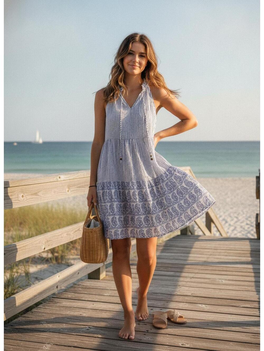Calypso St. Barth Blue and White Striped Halter Dress Size S
